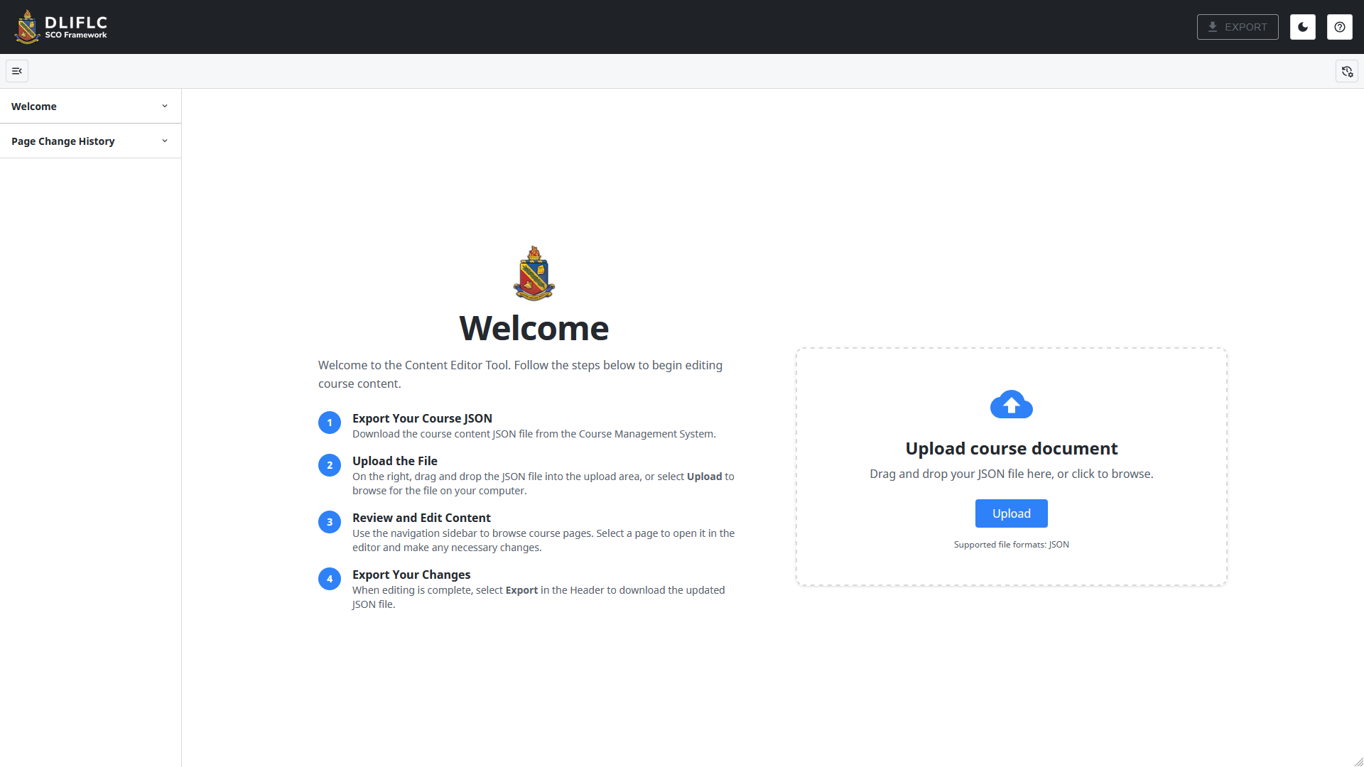 Content Tool welcome page and file upload interface